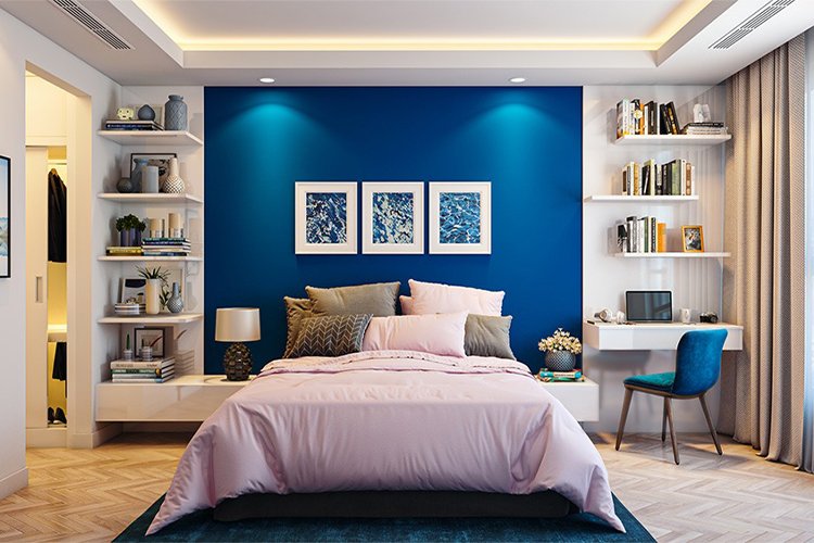 "Elevate Your Bedroom: Mastering the Art of Blue Two-Tone Walls for a Stunning Interior Upgrade!"